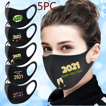 

5pc Reusable Adult Face Mask Christmas 2021 New Year Ice Silk Маска Mouth Caps Washable Earloop Mascarillas Breathable Masque