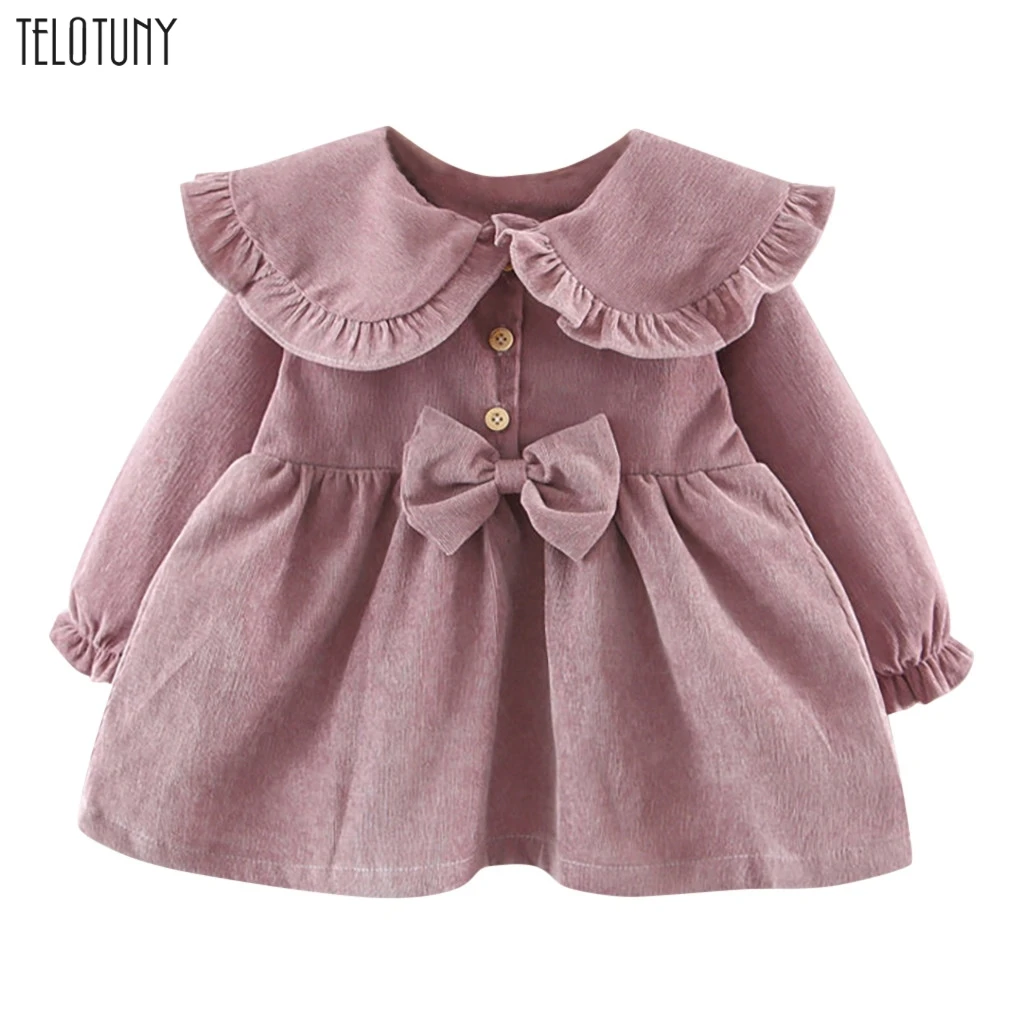 Платья для маленьких девочек; сезон осень-зима; платье принцессы с длинными рукавами и оборками и бантом однотонное Повседневное платье ребенок дошкольного возраста девочки младенец; одежда; 918