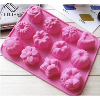 

1pcs DIY Kitchen Silicon 12 Flowers Form for Muffin Silikon Bakeware Rubber Baking Mould Chocolate Egg Tart Bakery Mold 20*16cm
