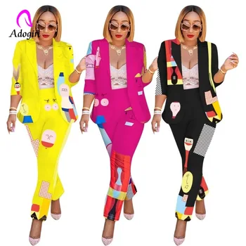 

Graffiti Printed Notched Neck Blazer and Pencil Pants 2 Piece Set Work Women Autumn Elegant Office Ladies Outfits Two Piece Set