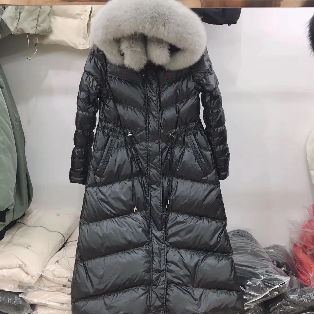 Зимний стиль Dongdaemun, женское пуховое пальто, корейский стиль, белый утиный пух, воротник из лисьего меха, Длинный Пуховик W