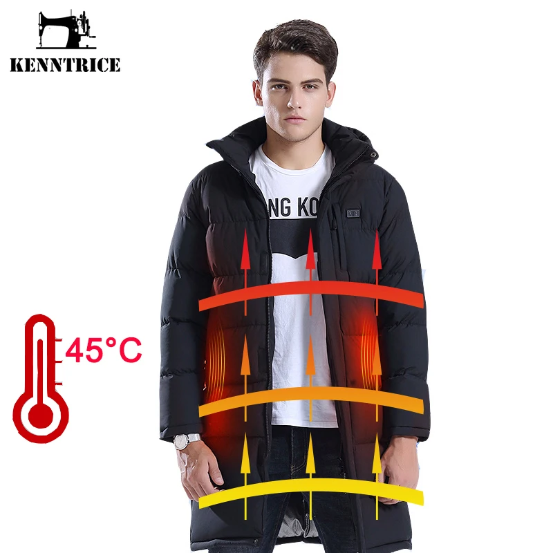 KENNTRICE USB теплая зимняя куртка мужское длинное пальто умный термостат с подогревом парка Мужская ветровка