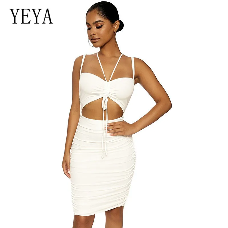 

YEYA Slim-fit Pleated Drawstring Strap Dress Woman's Backless Temperament Beauty Backpack Hip Dress Mini Spaghetti Strap Dresses