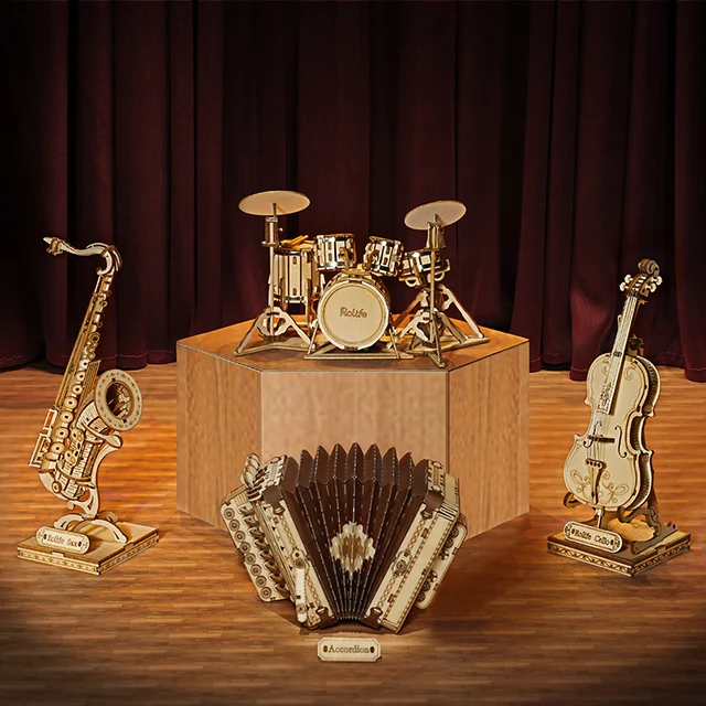 Robotime 4 Kinds DIY 3D Musical Instrument Wooden Puzzle Game Assembly Saxophone Drum Kit Accordion Cello Toy Gift for Children 6
