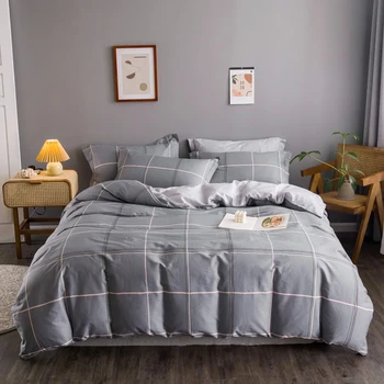 

New Year Gray Plaid Striped Quilt Cover Bedding Set Pure Cotton Bed Linen Pillowcase Duvet Cover Christmas 2020 Gift Queen Size