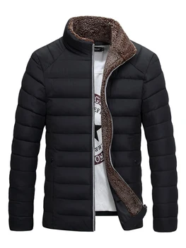 

Men Down Jacket Winter Parka Fleece Oversize Solid Black Basic Jackets Casual Warmness Cotton Clothes Zip Fashion Man Overcoat
