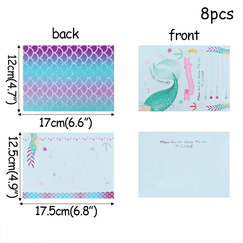  8pcs Little Mermaid Party Invitation Cards Invited Envelopes Baby Shower Gift Girl Birthday Party D - 4.00058E+12