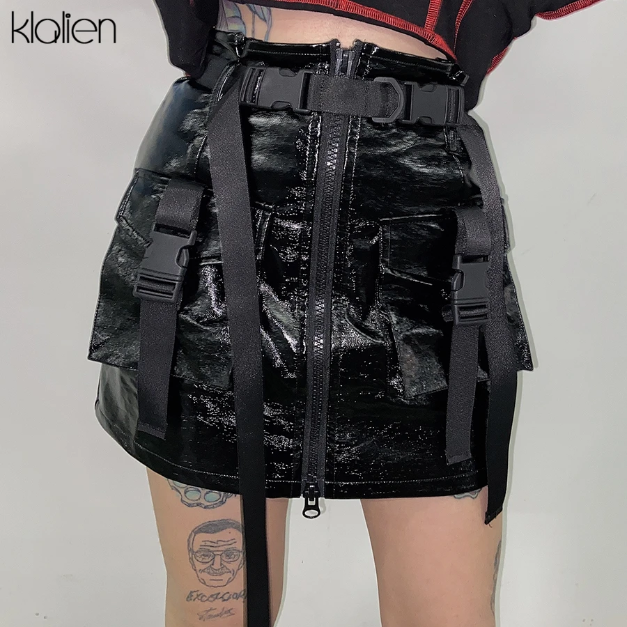 Klanien Весенняя уличная мини-юбка harajuku из искусственной кожи, женская уличная повседневная юбка с карманами и кисточками