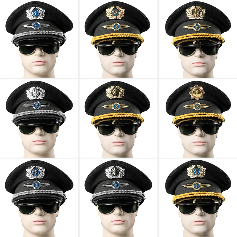 

Big Brimmed Hat Double Logo Badge Woolen Security Guard Aviation Pilot Captain Hats Casquette Plate Military Army Cap