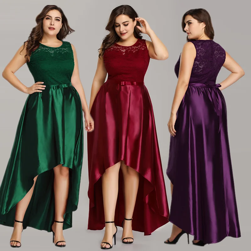 

A-line Asymmetrical Plus Size Evening Dress 2019 Elegant Lace Satin Scoop Sleeveless Dress with Bow Sashes for Party