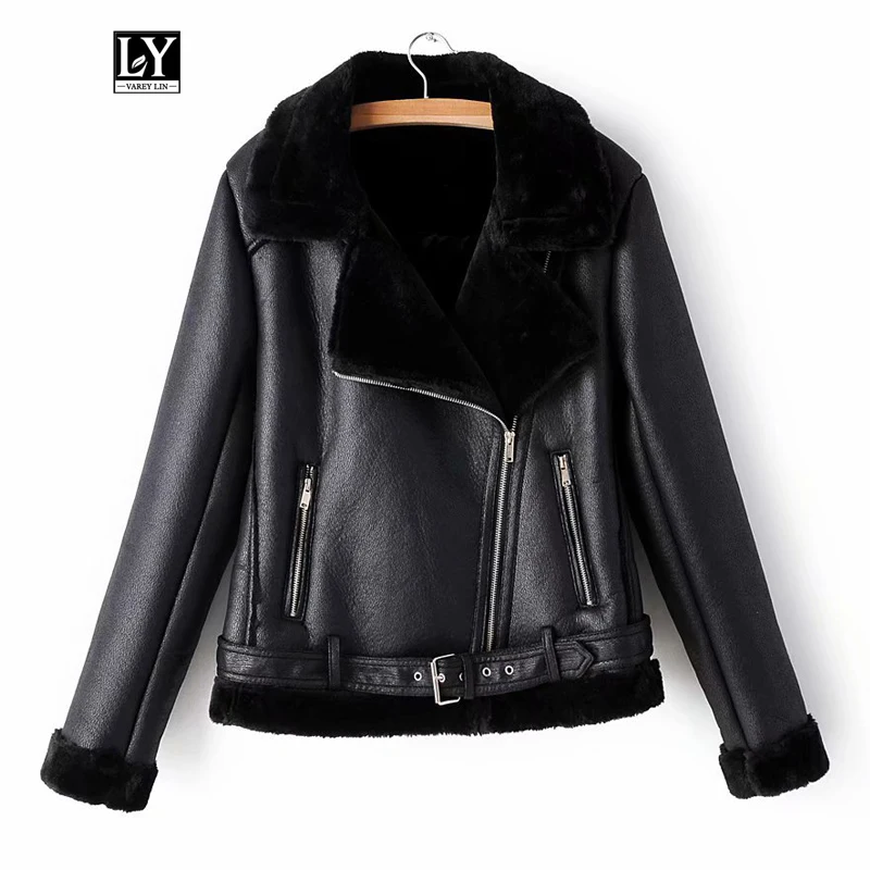 Jaqueta de Couro para Mulheres do Falso Cordeiros de lã Gola de Pele Varey Inverno Falso Cordeiro pu Moto Zíper Jaqueta Quente Grosso Outerwear ly Lin 28 Ly varey lin inverno falso cordeiro jaqueta
