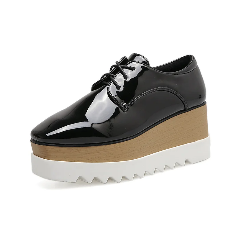 British style brogues women square toe platform shoes lace up patent leather muffins solid color creepers derby shoes for woman women oxford shoes
