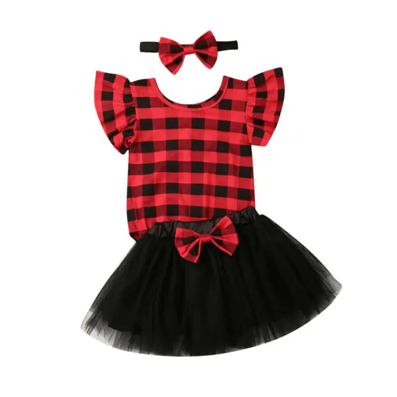 

Summer Christmas Baby Girl Clothes Plaid Short Sleeves Red Romper+Tulle Skirts+Headband Outfit Set