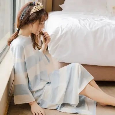 

Short Sleeve Nightgown Women's Summer Nightgown Blue And White Striped Skirt M-XXL (9) 2019 New Style 110 Grams