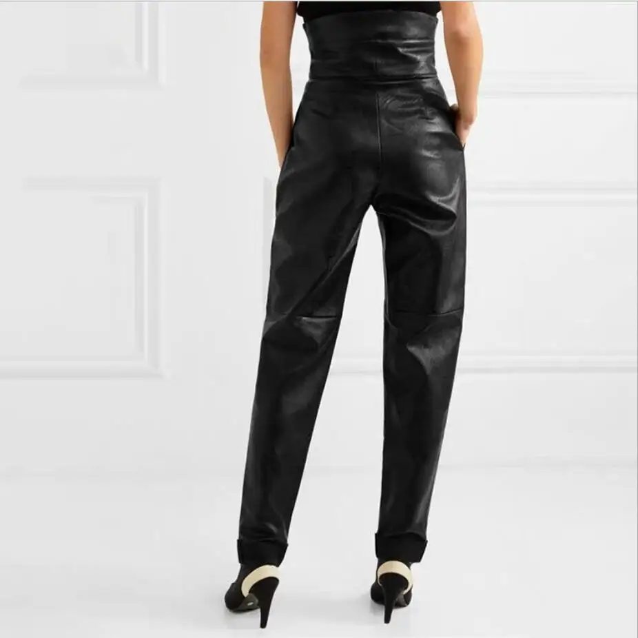 Весенние модные длинные плиссированные кожаные женские брюки с высокой талией из искусственной кожи с поясом