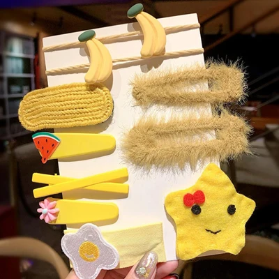 10pcs yellow 7-10 шт./компл. Новые Детские Головные уборы мультфильм заколки резинка с радужным бантом шпильки с цветком фрукты Заколки для волос повязка на голову для девочек - Цвет: 10pcs yellow