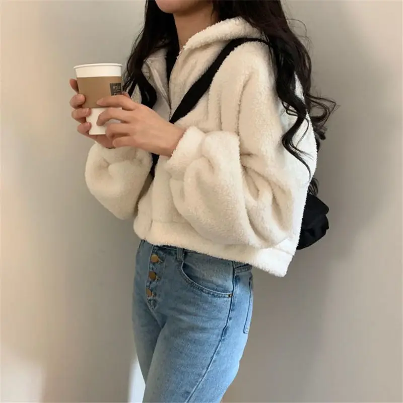 2021 new Korean high waist short lamb wool warm zipper coat hooded cardigan student sweater women's top
