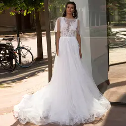 Liyuke 2019 свадебное платье трапециевидной формы из кружева, с вырезом на шее аппликации Фея Расшитое бисером Подгонянный поезд