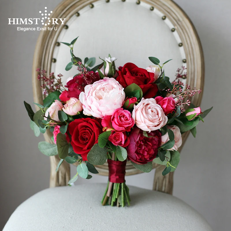 HIMSTORY Romantic Red Wedding Bride Bouquet Silk Roses Bridal Holding Bouquets Burgundy Pink Artificial Flowers Bouquet Mariage