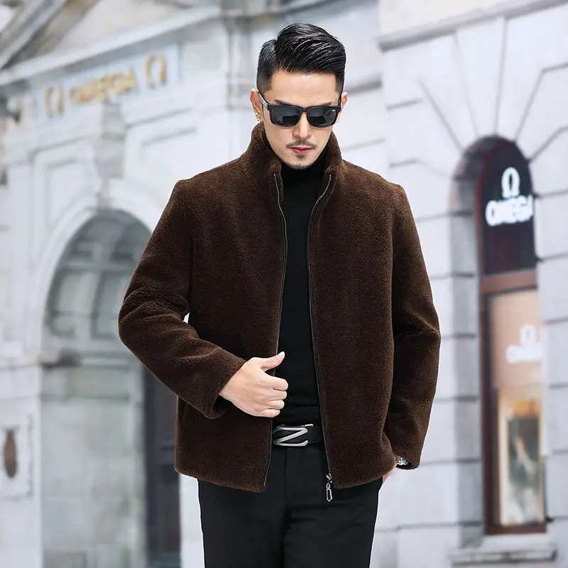 

2021 Autumn Winter New Real Fur Woolen Coat Men Stand Collar Sheep Shearling Casual Jacket Outwear Male Thickening Overcoat B693