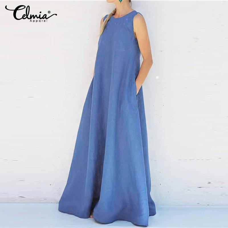 

Celmia Women Summer Sleeveless Maxi Long Dress Plus Size Sundress Casual Loose Solid Party Holiday Maxi Vestidos Robe Femme 5XL
