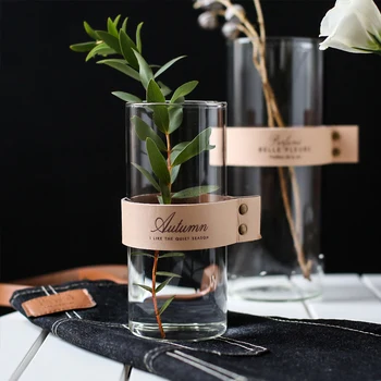 

INS Nordic Glass Art Vase Leather Body Cover Home Decoration Water Planting Lily Flower Vase