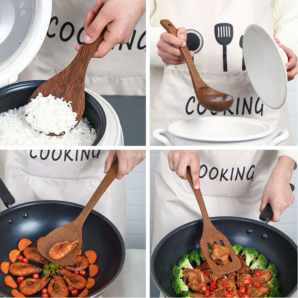 Wooden Kitchenware Set Long Handle Spatula Rice Scoop Vegetable Meat Cooking Shovel Mixing Spoons For Nonstick Pan Kitchen Tools