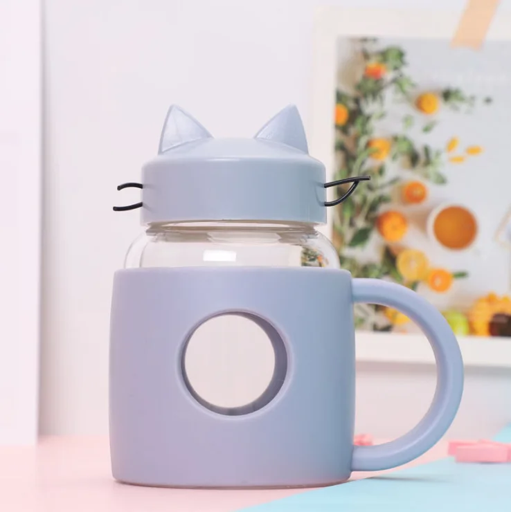 Blue Милая кошка детская бутылка для воды для маленьких девочек женщин любителей термостойкие Мини стеклянные бутылки для сока и воды чашка для кофе и молока посуда для напитков - Цвет: Blue