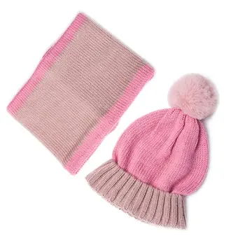 

2020 Toddler Kids Winter Pompom Contrast Color Beanie Hat Infinity Scarf Set 3-13T