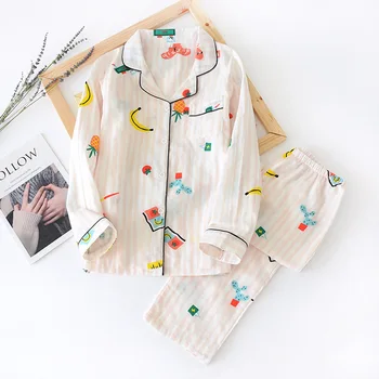 

Women's Cotton Gauze Pajamas Cartoon Cute Sleepwear Long Sleeved Tops&Trousers Thin Nightwear Lounge Lapel Home Clothing Suit