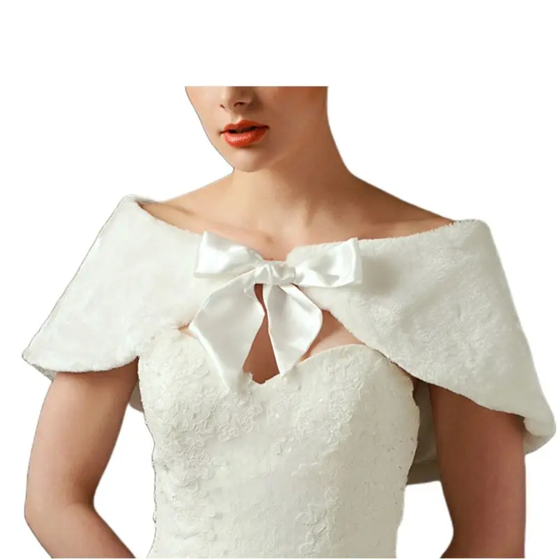 

Womens Winter Thicken Plush Bridal Wrap Stole Off-Shoulder Ribbon Bowknot Shrug AXYD