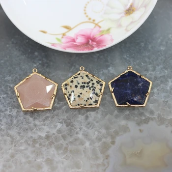 

5pcs/lot，Natural Mark stone blue-veins stone pink jades pentagon shape Necklace Gems Connectors,Faceted Gold edges Raw Pendants