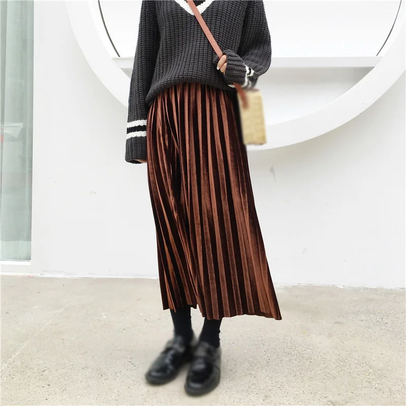 Женская юбка, осень, высокая талия, свободные, большие, Свинг, плиссированные юбки, для девушек, милые, модные, милые, до середины икры, одноцветная, свободная юбка