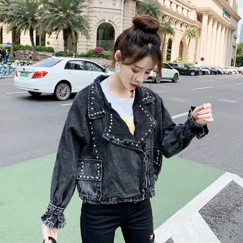 

Fashionable spring and autumn new loose beaded motorcycle denim jacket