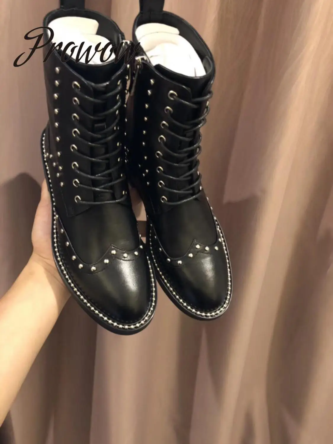 

Prowow New Runway Genuine Leather Lace Up Ankle Boots Round Toe Metal Studded Low Heel Women Boots Shoes Women