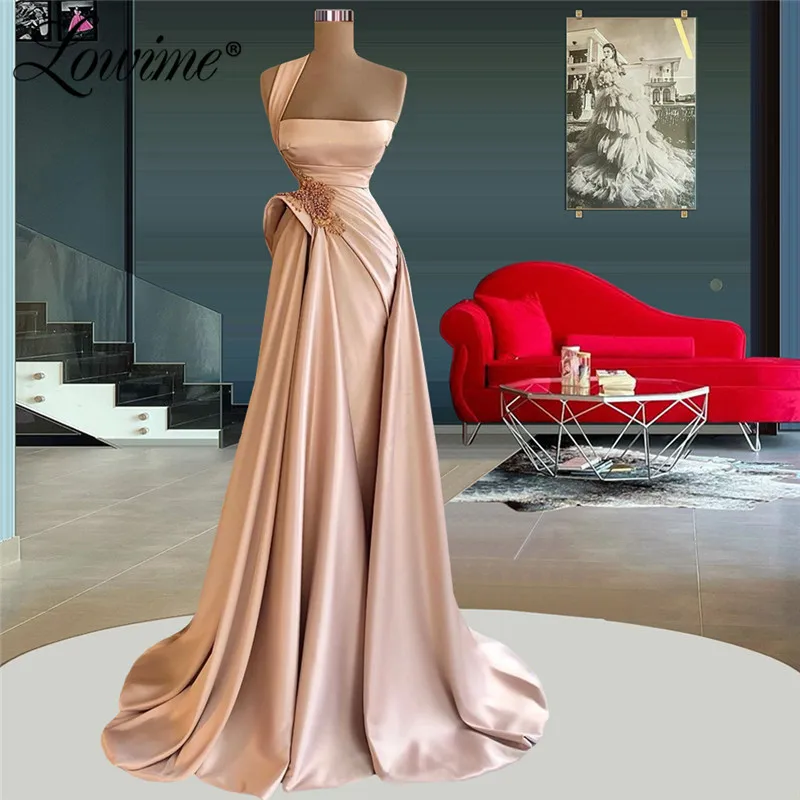 

Lowime Blush Pink Long Beaded Party Dress Customized Satin Mermaid Arabic Celebrity Dress Prom Gowns 2022 Evening Dresses Robes