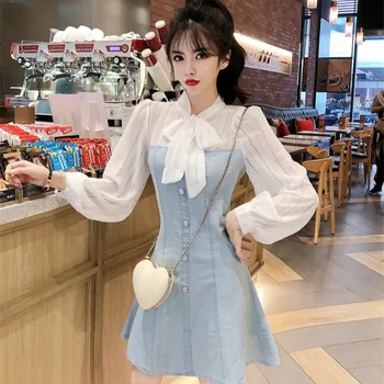 

2020 Summer New Korean Version of Age-reducing Age Lace-up Denim Fight Receiving Waist Was Thin Long-sleeved Dress Women Vestido