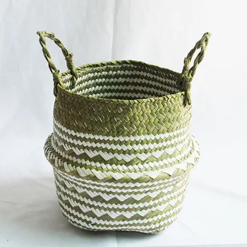 

Handmade White Pattern Seagrass Storage Baskets Foldable Style Laundry Straw Wicker Basket Flowerpot Basket Home Decor M