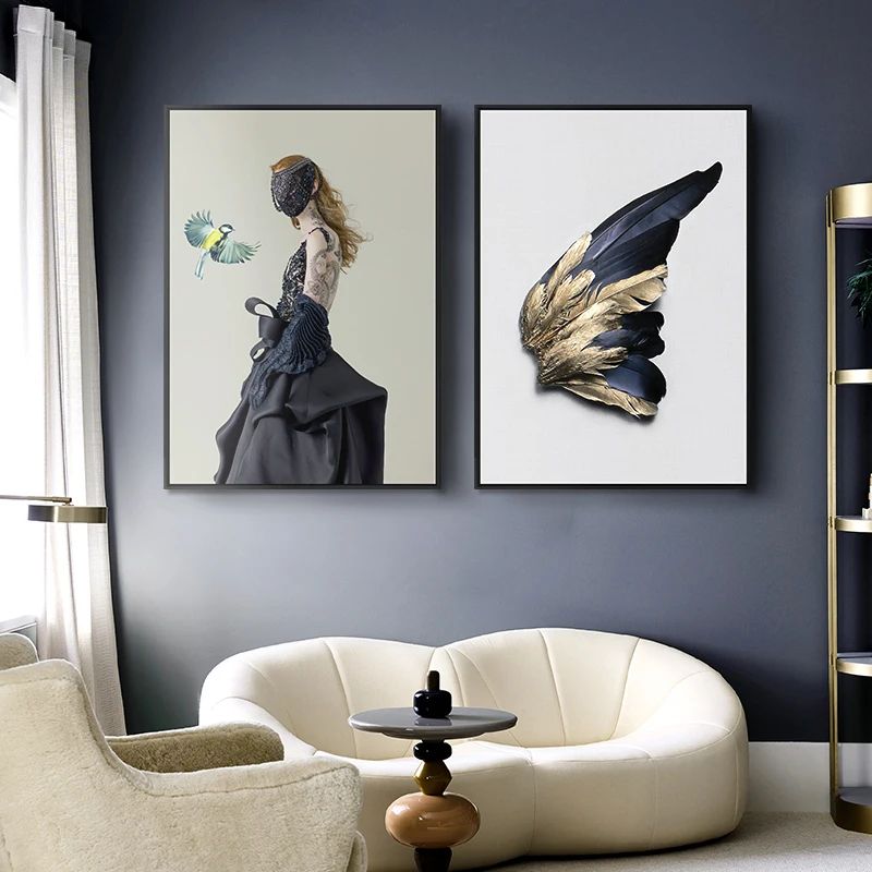 

Black Mask Woman Golden Wing Picture Fashion Poster Print Wall Art Canvas Painting Modern For Girls Room Living Room Home Decor