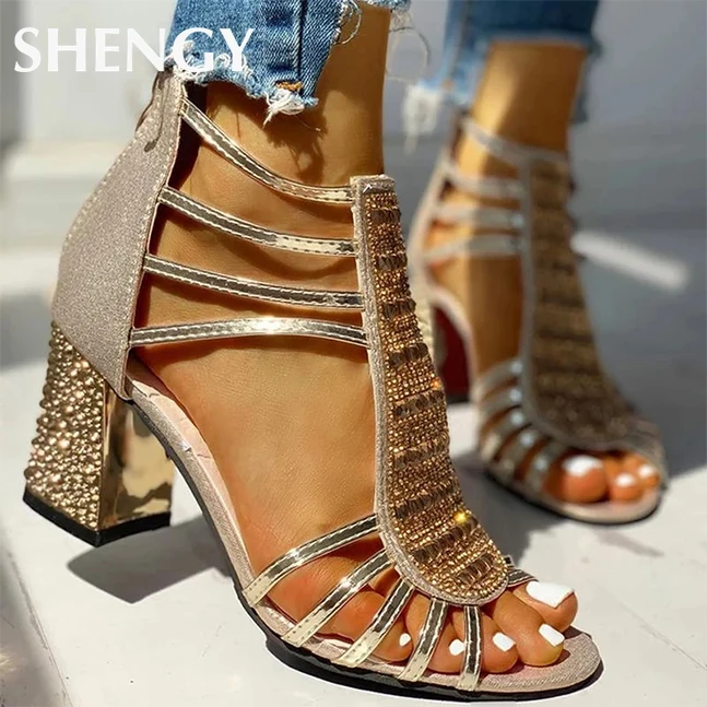 

2019 Summer Gladiato Women Sandals 6cm Mid Heel Stylish Crystal Zipper Ladies Shoes Open Toe Casual Female Sandals Wedding Pumps