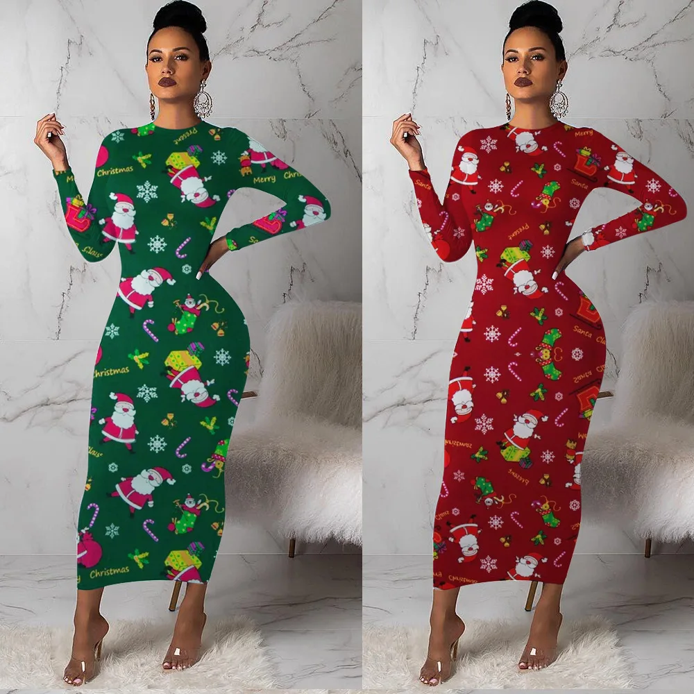 Women Dress Print Maxi Dress Long Sleeve O Neck Ankle-length Long Dress Clubwear Sheath Vestidos Bodycon Dress Women Party Dress