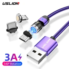 Cabo magnético uslion 3a de carregamento rápido, fio tipo c 540 rotação android micro cabo magnético para iphone 11 plus samsung xiaomi