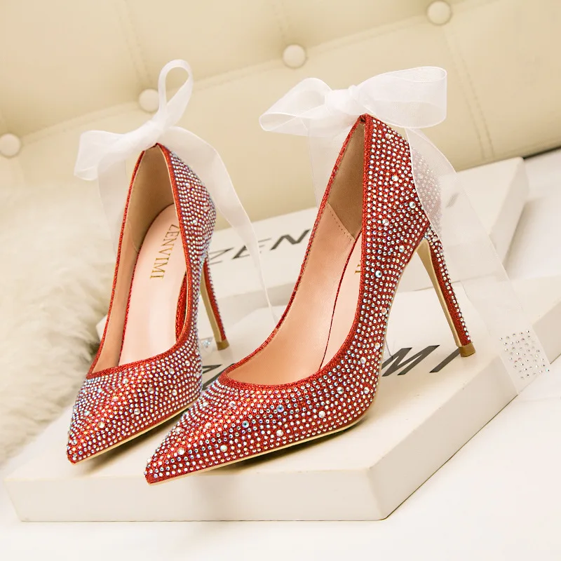 

QSR PUMPS Women's shoes Banquet with shallow mouth pointed sexy wedding shoes was thin rhinestone diamond high heel shoes