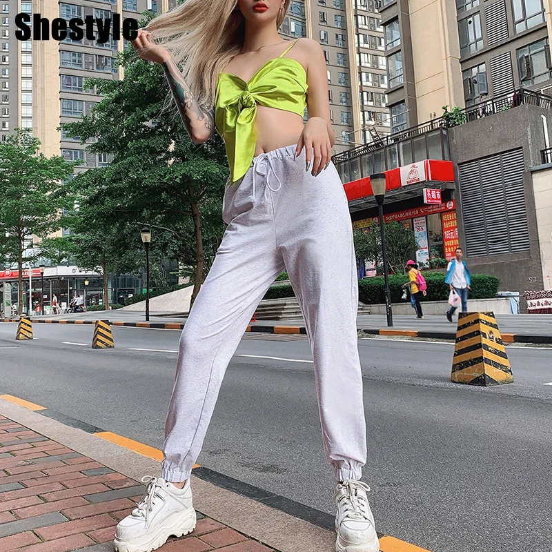 

Shestyle Streetwear Sexy Fashion 2 Two Piece Set Women Cool Satin Strapy Crop Tops Drawstring Hoodies Jogger Pant Suit 2 Piece