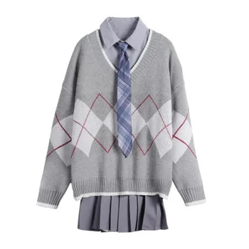 

Women Three Piece Sets Retro Fashion Preppy Style Shirts Sweater Pleated Skirt Sets England 3 Pcs Suit School Uniforms Skirt Set