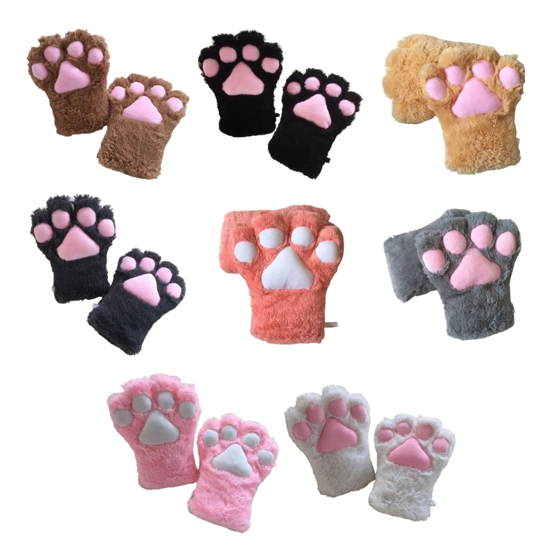 85LB Women Kids Girls Winter Warm Full Finger Gloves Cute Cartoon Cat Paw Thicken Fuzzy Plush Mittens Anime Lolita Cosplay