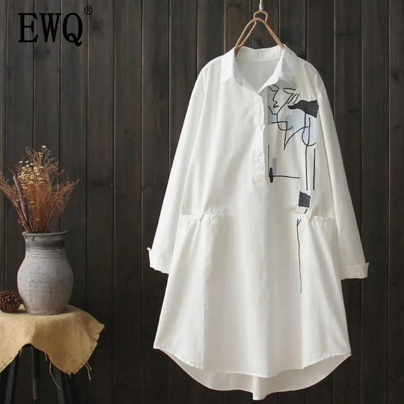 [EWQ] Весенняя однобортная рубашка с вышивкой и длинными рукавами, свободная модная трендовая Женская универсальная летняя блузка QF784