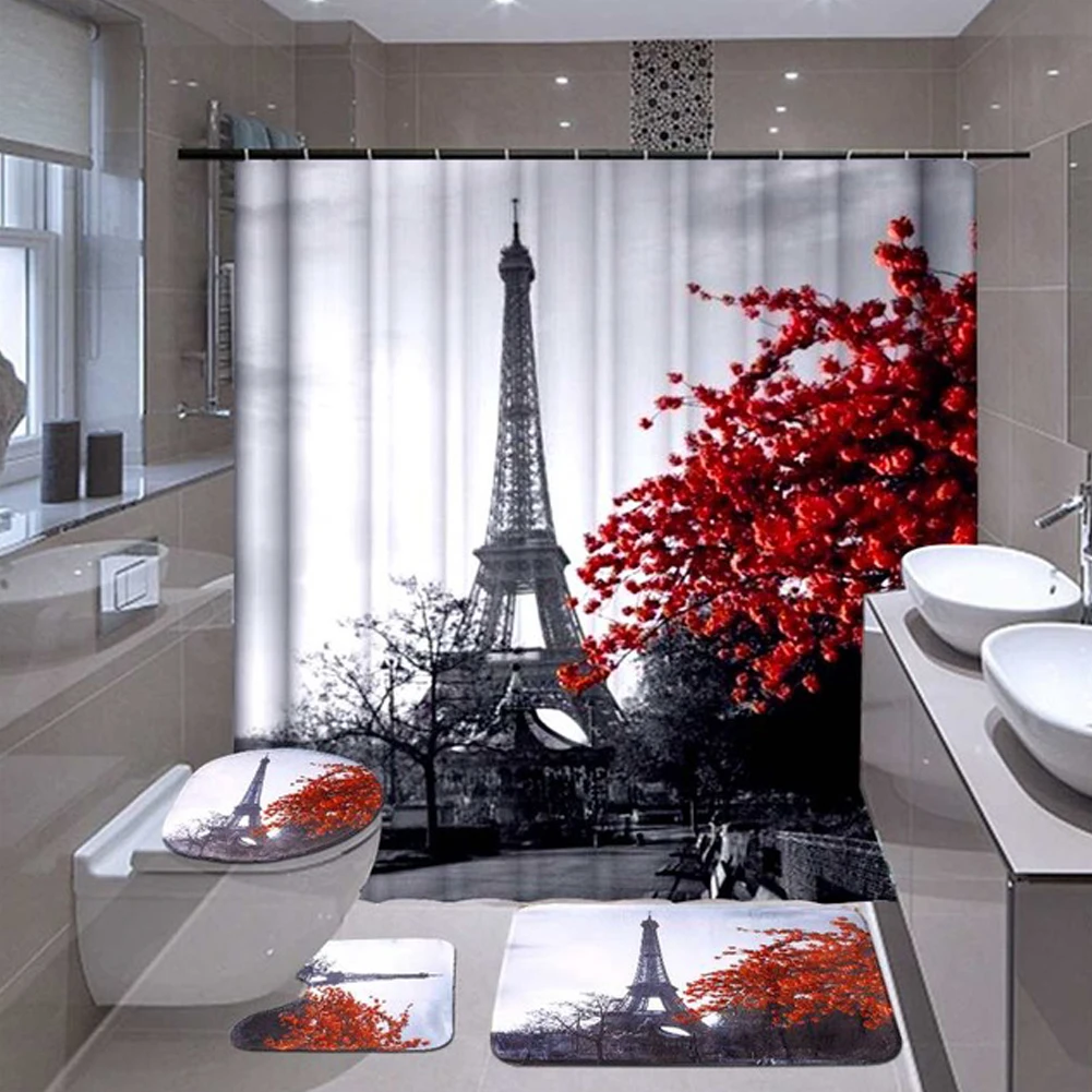 Tower Bathroom Carpet Shower Curtain Four-piece Toilet Bathtub Anti-skid Shower Curtain Floor Mat Set