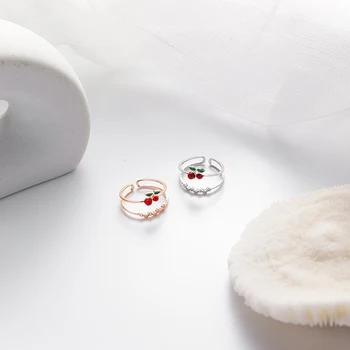 

MENGJIQIAO Fashion Cute Fruit Cherry 2 Layers Adjustable Rings For Women Students Zircon Mid Finger Knuckle Rings Jewelry