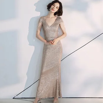 

Evening Dresses Champagne Sequined Beading Evening Gowns K051 Long Elegant Robe De Soiree Sexy Deep V-Neck Mermaid Formal Dress